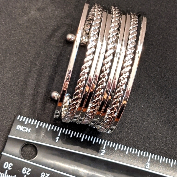Stacked Silver Tone Cuff Bracelet Multi-Row Bangles - Picture 6 of 8